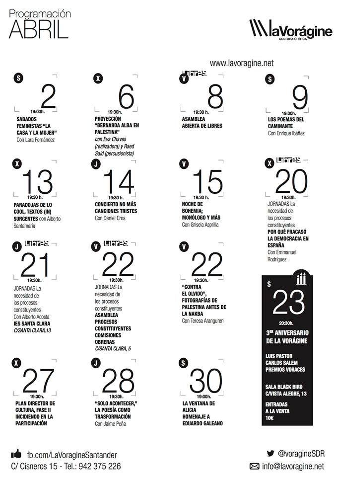 Actividades de abril en la Voragine en Santander