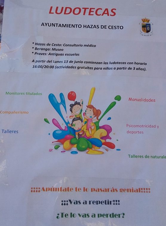 Ludotecas gratuitas en Beranga, Hazas de Cesto y Praves