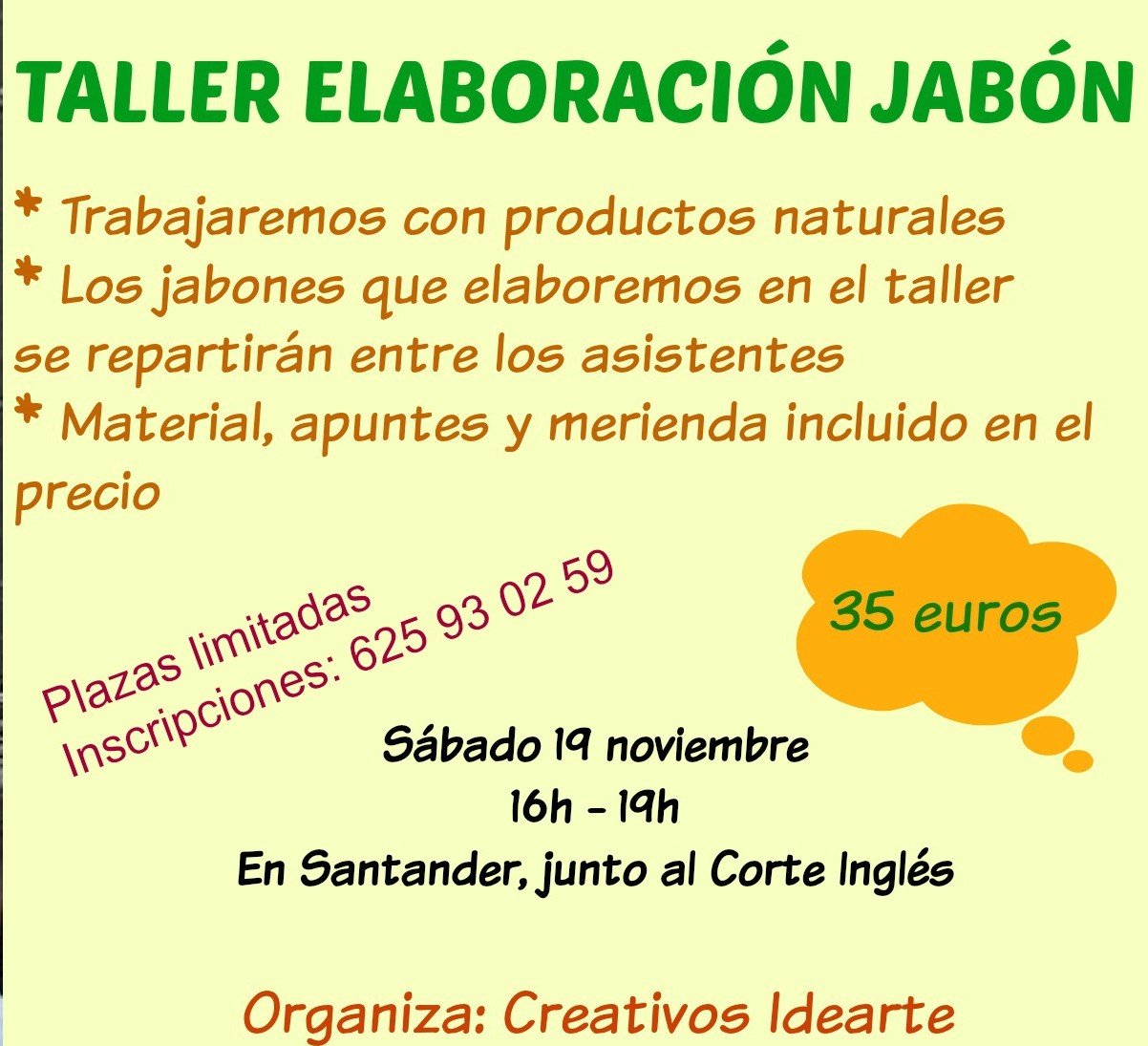 Taller Elaboración Jabón Natural enCreativos Idearte de Santander