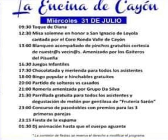 Programa de Fiestas de San Ignacio 2019 en La Encina de Cayón. 