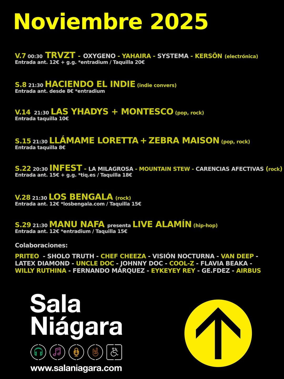 Conciertos Sala Niágara Noviembre 2025